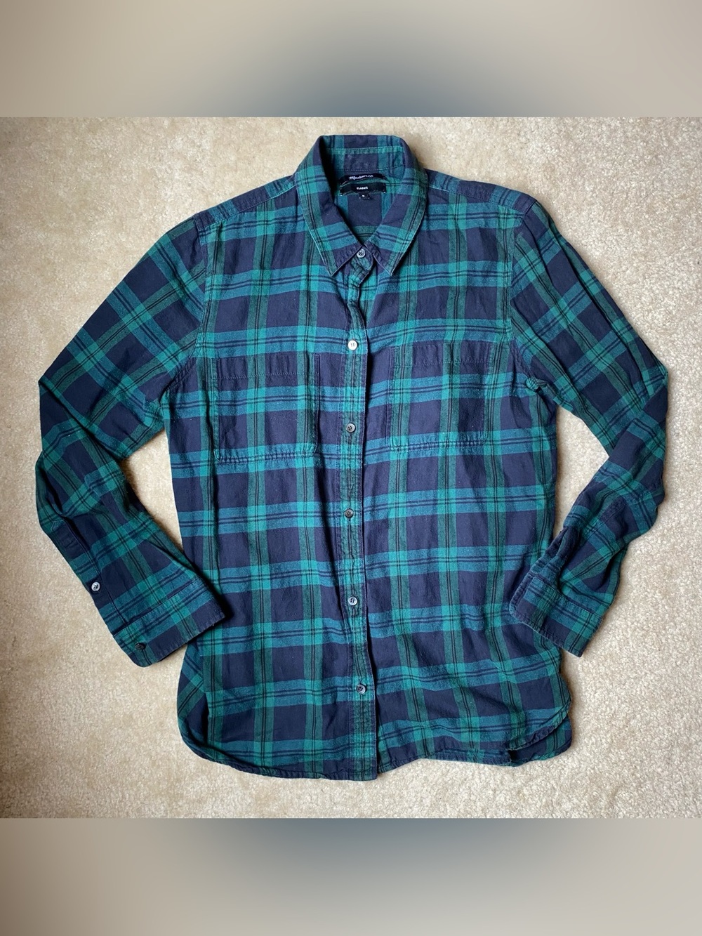 Madewell Blue And Green Plaid Button-Up Cotton Flannel Shirt In Size Medium M